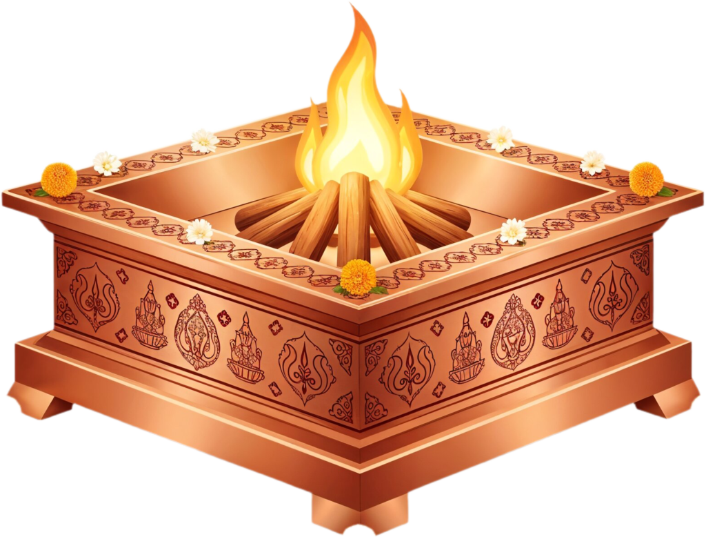 Ornate copper Havan Kund with sacred fire, a vibrant PNG illustration 1 - Ornate copper Havan Kund with sacred fire, a vibrant PNG illustration Free PNG Download