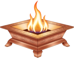 Minimalist copper Havan Kund with clean lines, a simple fire illustration PNG