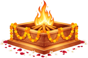 Square havan kund with marigold garlands, a traditional wedding illustration PNG