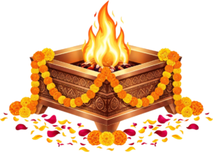 Ornate golden havan kund with bright flames, an intricate PNG illustration