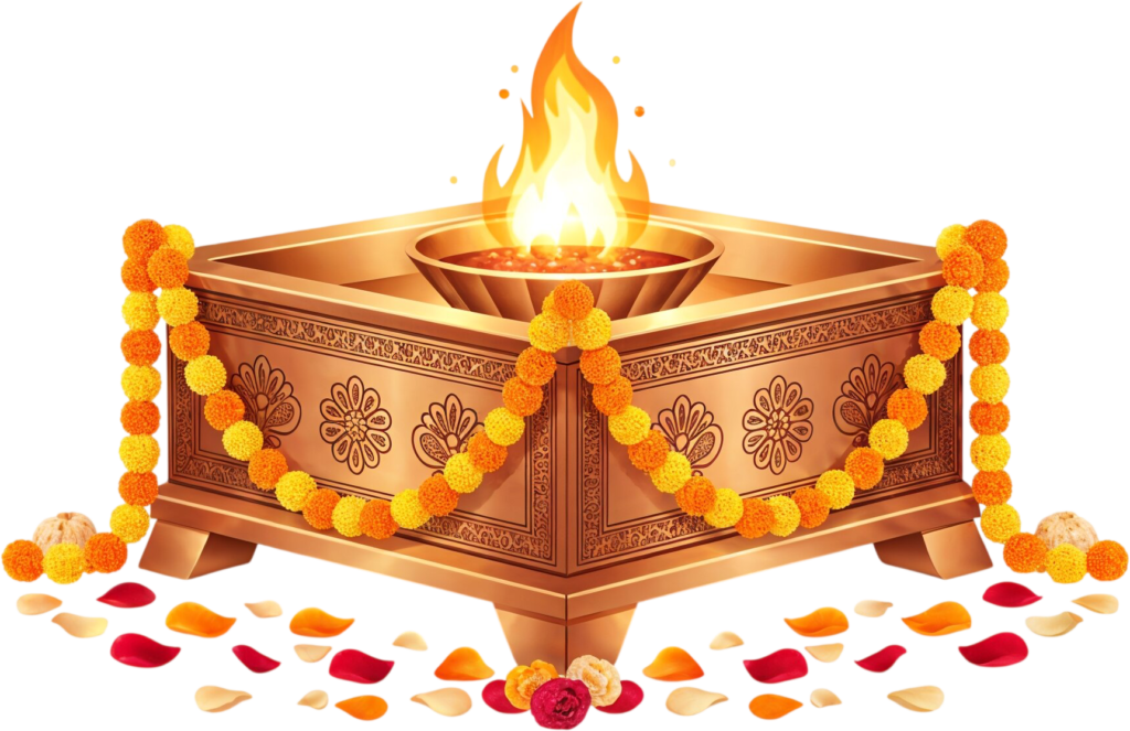 Decorated havan kund with marigold flowers, a colorful festive illustration PNG 1 - Decorated havan kund with marigold flowers, a colorful festive illustration PNG Free PNG Download