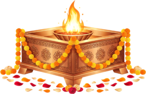 Decorated havan kund with marigold flowers, a colorful festive illustration PNG