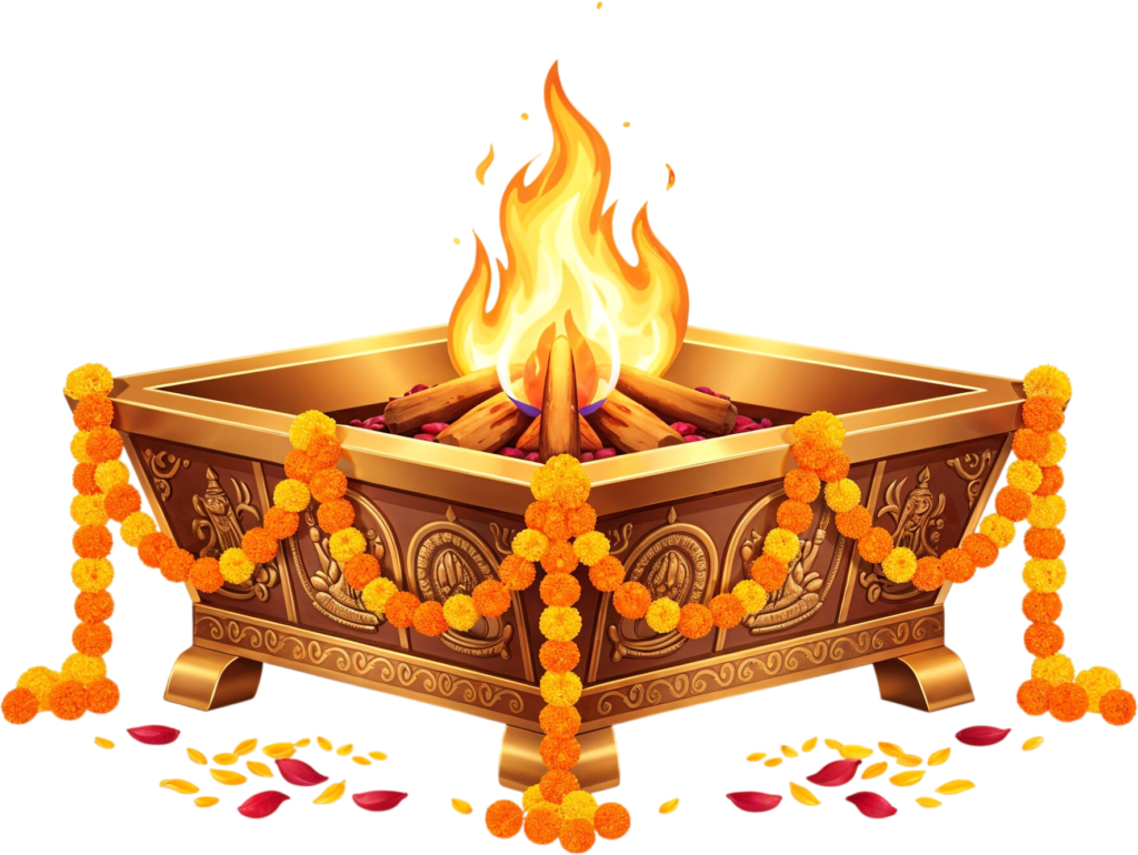 Grand golden havan kund with garlands, an opulent PNG illustration for weddings 1 - Grand golden havan kund with garlands, an opulent PNG illustration for weddings Free PNG Download