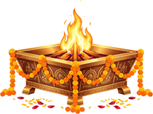 Grand golden havan kund with garlands, an opulent PNG illustration for weddings