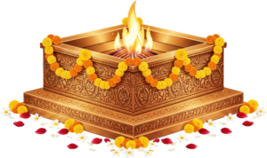 Golden havan kund adorned with garlands, an elegant PNG illustration