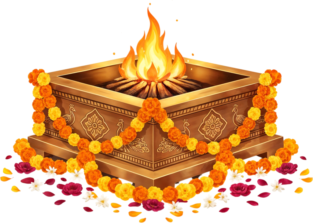 - Ornate golden Havan Kund with colorful fire, a detailed PNG illustration Free PNG Download