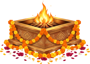 Ornate golden Havan Kund with colorful fire, a detailed PNG illustration