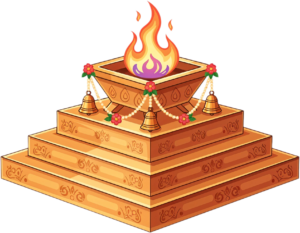 Royal golden havan kund with marigold decor, a grand PNG illustration for rituals