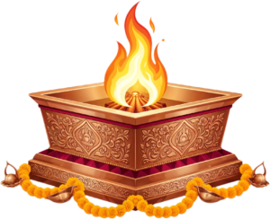 Modern havan kund with floral accents, a chic Puja illustration PNG