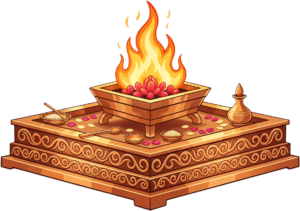 Lavish golden havan kund with intricate carvings, a rich PNG illustration