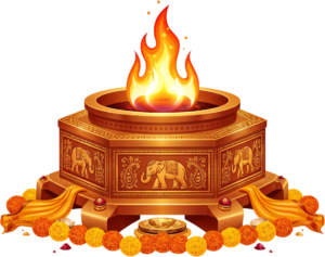 Majestic golden havan kund, an imperial ceremonial fire illustration PNG