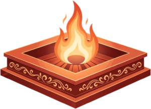 Elaborate golden Havan Kund with peacock motifs, a detailed PNG illustration