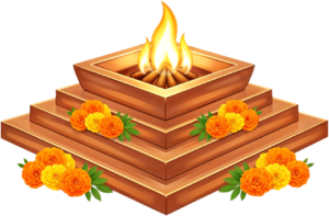 Ornate golden Havan Kund with elephant details, a stunning PNG illustration