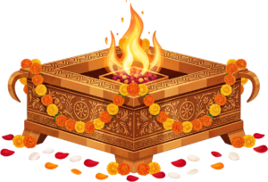 Tiered copper havan kund with spiritual flame, a symbolic PNG illustration