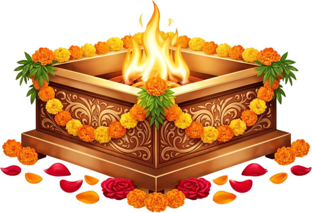 Decorated havan kund with offerings, a ceremonial Puja illustration PNG 1 - Decorated havan kund with offerings, a ceremonial Puja illustration PNG Free PNG Download