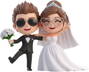 Stylish Chibi Wedding Couple with Sunglasses, a dynamic PNG illustration