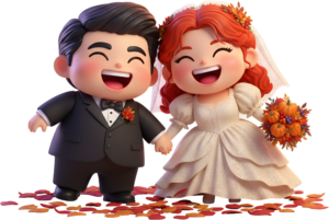 Autumn Nuptials: Laughing Chibi Couple Embracing the Fall Season in PNG illustration
