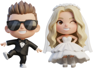 Playful Chibi Newlyweds with Winking Bride and Cool Groom in a fun PNG illustration