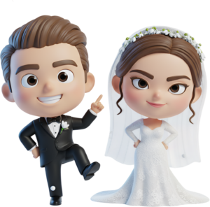 Confident Chibi Wedding Duo in Elegant Attire, a charming PNG illustration
