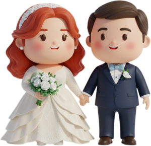 Classic Chibi Wedding Couple with White Roses, a timeless and lovely PNG illustration