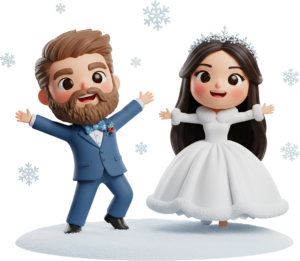 Festive Winter Chibi Wedding Celebration, a joyful and snowy PNG illustration