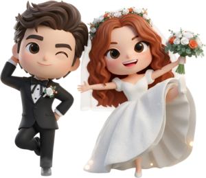 Playful Chibi Winking Wedding Couple, a spirited and cheerful PNG illustration