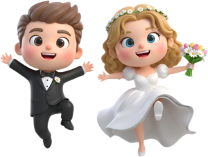 Exuberant Chibi Wedding Jump, a joyful and high-spirited PNG illustration