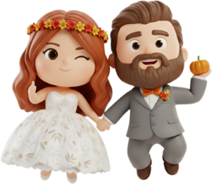 Charming Autumn Chibi Wedding with Pumpkin Accent, a delightful PNG illustration