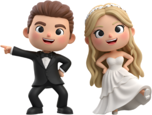 Confident Chibi Wedding Couple Posing Boldly, a vibrant PNG illustration