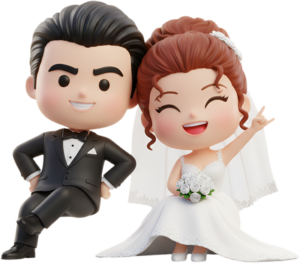 Cool Chibi Wedding Couple with Rock-On Gesture, a confident PNG illustration