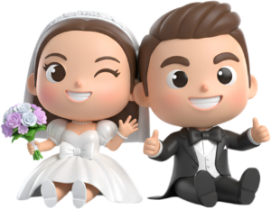 Cheerful Chibi Wedding Duo Sitting with Thumbs Up, a friendly PNG illustration