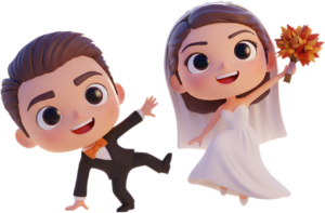 Energetic Chibi Wedding Dance with Autumn Bouquet, a lively PNG illustration