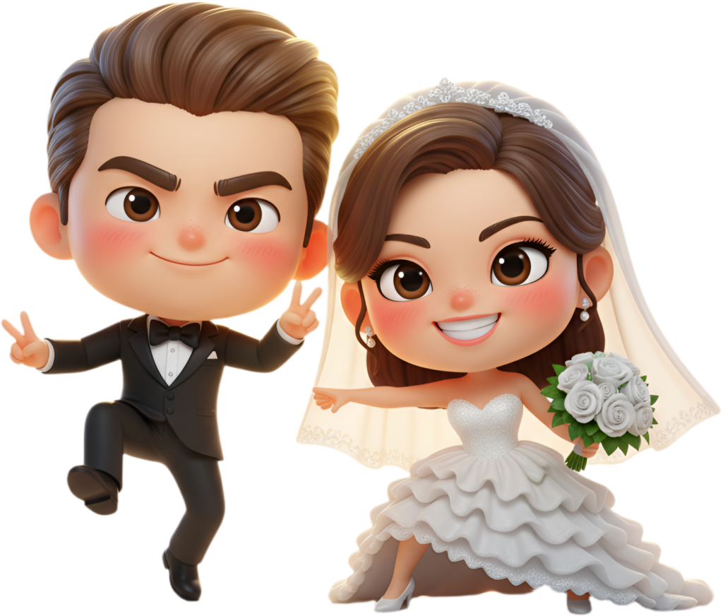 - Lively Chibi Wedding Couple with Peace Sign, a vibrant and fun PNG illustration Free PNG Download