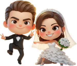 Lively Chibi Wedding Couple with Peace Sign, a vibrant and fun PNG illustration