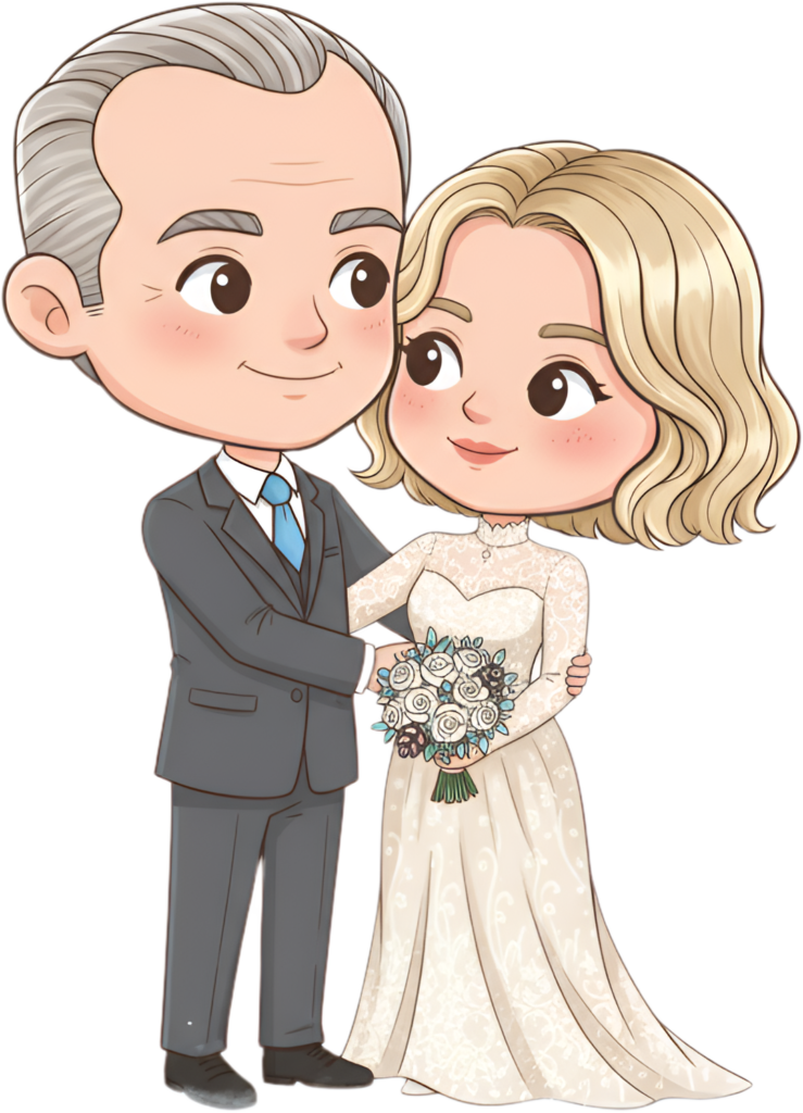Endearing senior wedding cartoon couple, elegant lace dress illustration PNG 1 - Endearing senior wedding cartoon couple, elegant lace dress illustration PNG Free PNG Download