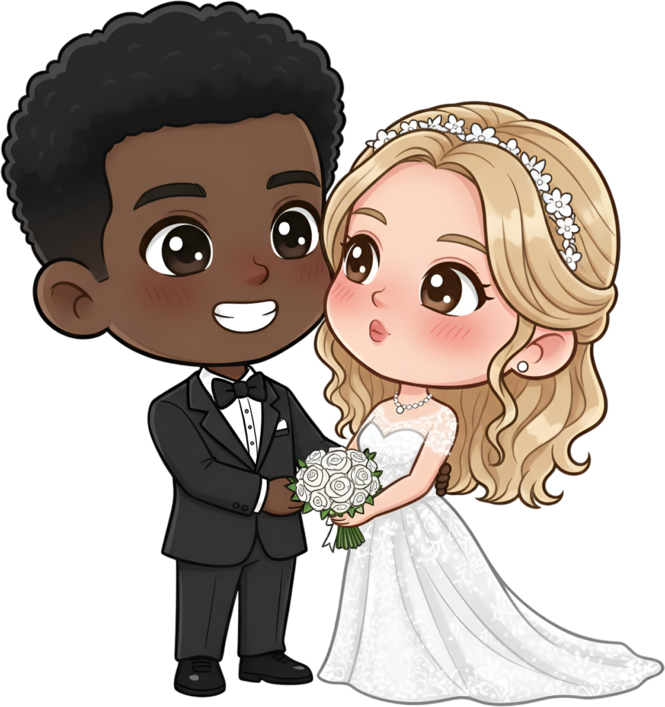 Diverse cartoon wedding couple illustration, cute black groom, blonde bride PNG 1 - Diverse cartoon wedding couple illustration, cute black groom, blonde bride PNG Free PNG Download