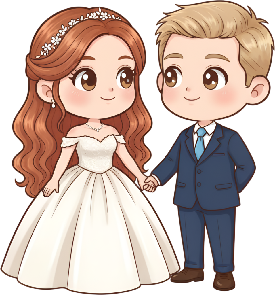 Adorable cartoon wedding pair illustration, red hair bride and blonde groom PNG 1 - Adorable cartoon wedding pair illustration, red hair bride and blonde groom PNG Free PNG Download