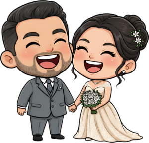 Cheerful Asian wedding cartoon illustration, smiling couple in grey suit PNG