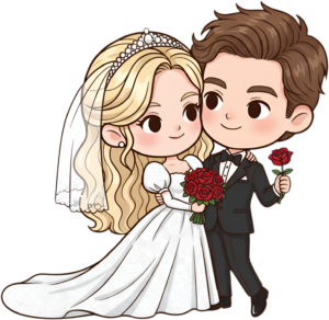 Regal cartoon wedding couple illustration, tiara bride and black suit groom PNG