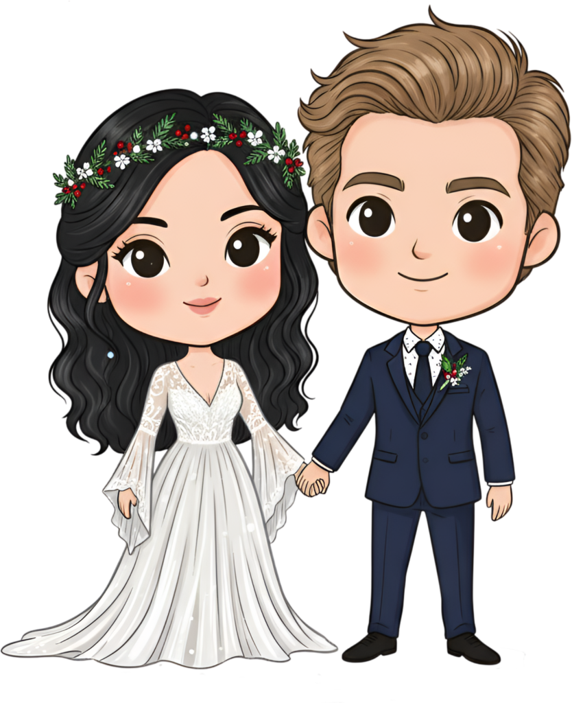 Festive cartoon wedding couple illustration, winter crown bride and blue suit PNG 1 - Festive cartoon wedding couple illustration, winter crown bride and blue suit PNG Free PNG Download