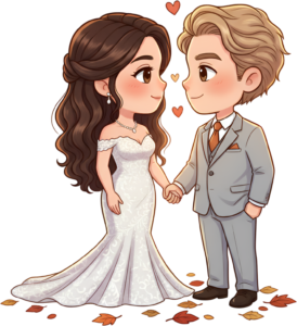 Romantic cartoon wedding illustration with autumn leaves, loving couple PNG