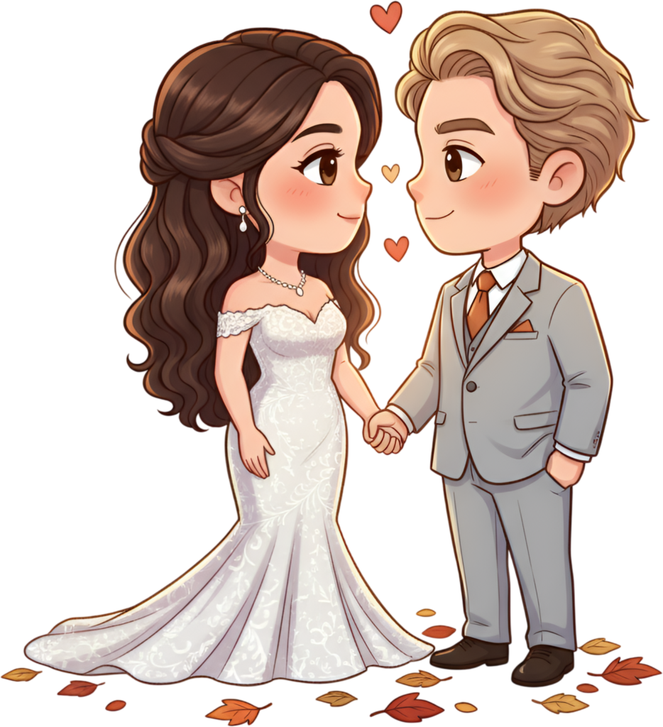 Romantic cartoon wedding illustration with autumn leaves, loving couple PNG 1 - Romantic cartoon wedding illustration with autumn leaves, loving couple PNG Free PNG Download