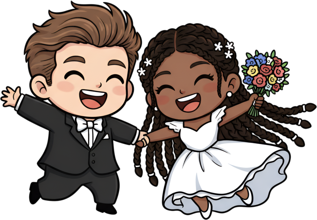 Joyful diverse wedding cartoon illustration, jumping couple in love PNG 1 - Joyful diverse wedding cartoon illustration, jumping couple in love PNG Free PNG Download
