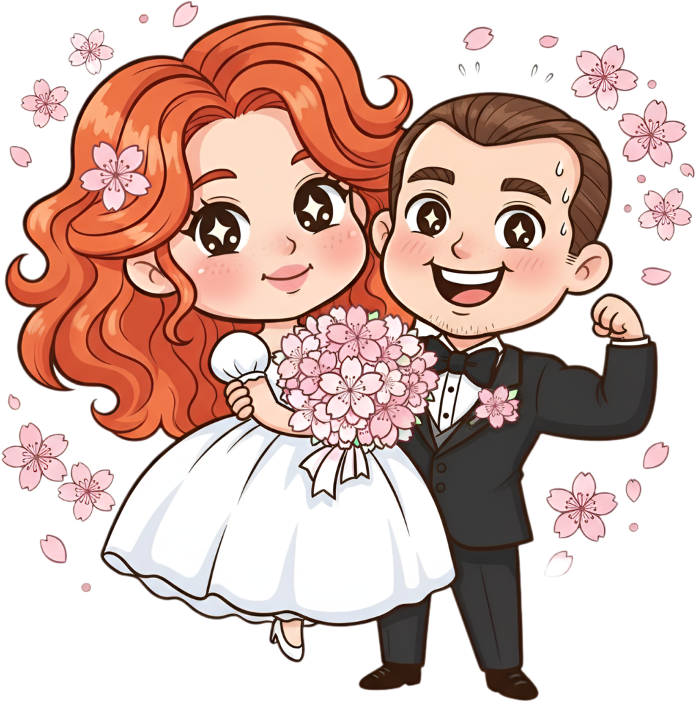 - Humorous spring wedding cartoon illustration, nervous groom, red hair bride PNG Free PNG Download