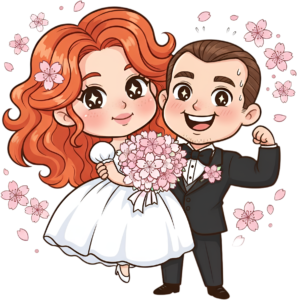 Humorous spring wedding cartoon illustration, nervous groom, red hair bride PNG