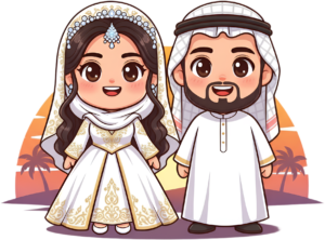 Culturally rich Arabic wedding cartoon illustration, traditional attire PNG
