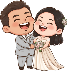 Radiant happy wedding cartoon illustration, embracing couple in grey suit PNG