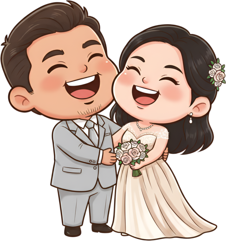 Radiant happy wedding cartoon illustration, embracing couple in grey suit PNG 1 - Radiant happy wedding cartoon illustration, embracing couple in grey suit PNG Free PNG Download
