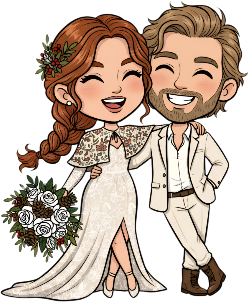- Bohemian winter wedding cartoon illustration, charming rustic couple PNG Free PNG Download
