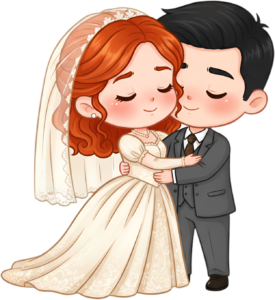 Gentle embrace wedding cartoon illustration, red hair bride with veil PNG